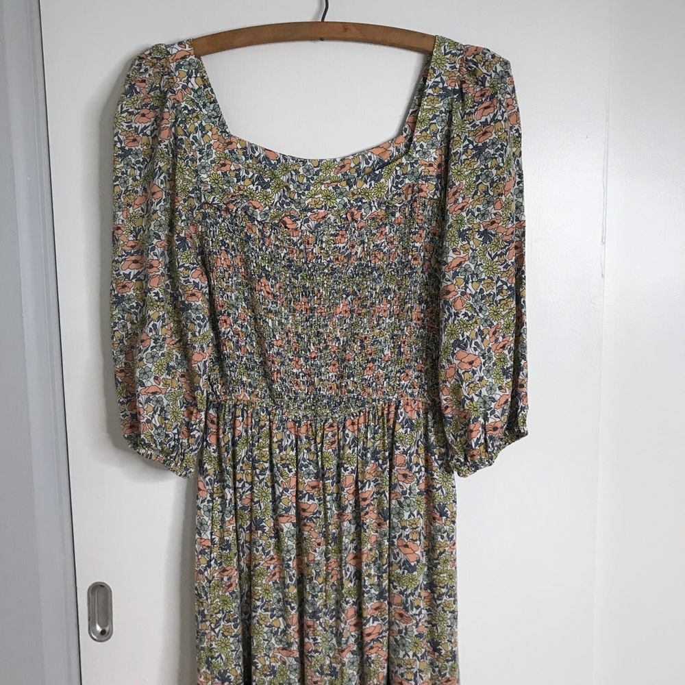Floral Smocked Square-Neck Maxi Dress in Peach and Olive